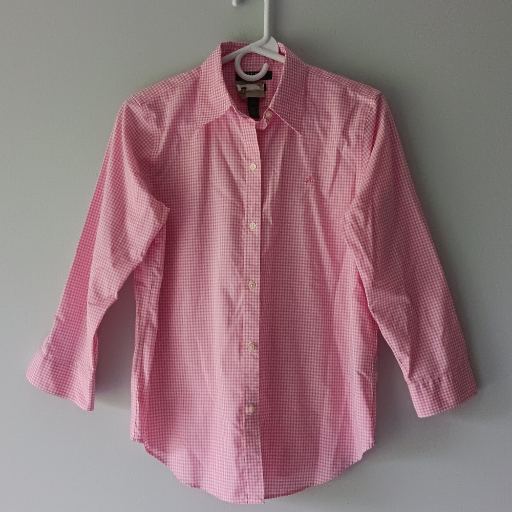 Lauren Ralph Lauren Cotton Gingham Plaid Button Down Shirt Pink White Small - Picture 6 of 12
